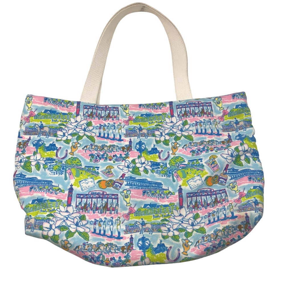 Kaeli‎ Smith Tote Bag Womens Large Blue Pink Equestrian Derby Canvas Smith Quinn